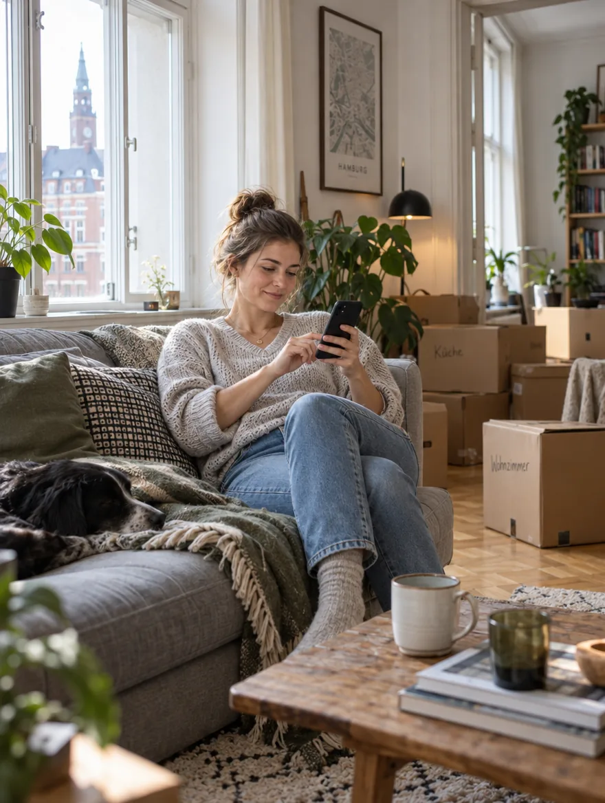 Kundin plant ihren Umzug in Hamburg entspannt vom Sofa aus mit dem Smartphone