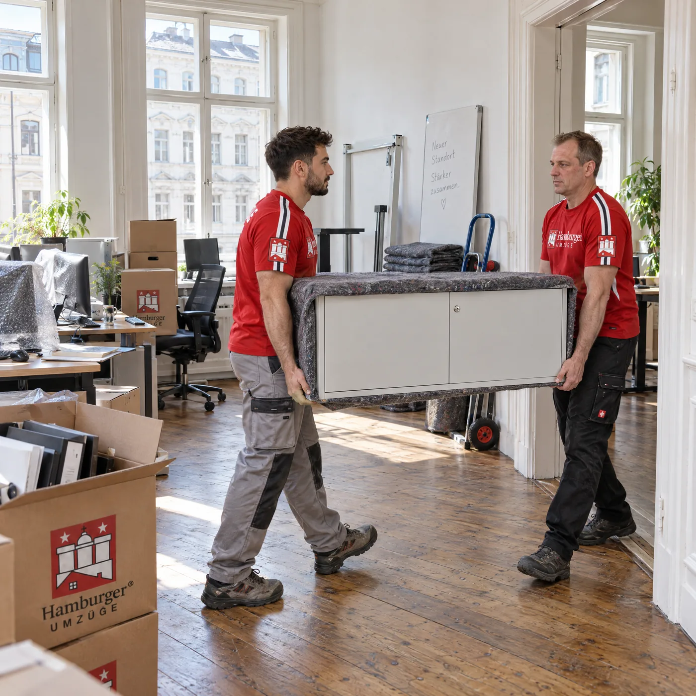Zwei Umzugshelfer von Hamburger Umzüge tragen einen geschützten Büroschrank bei einem Firmenumzug in Hamburg