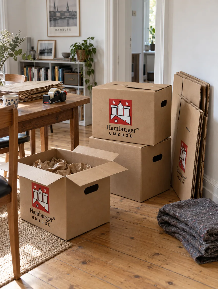 Umzugskartons von Hamburger Umzüge, Packpapier und Schutzdecken in einer Wohnung
