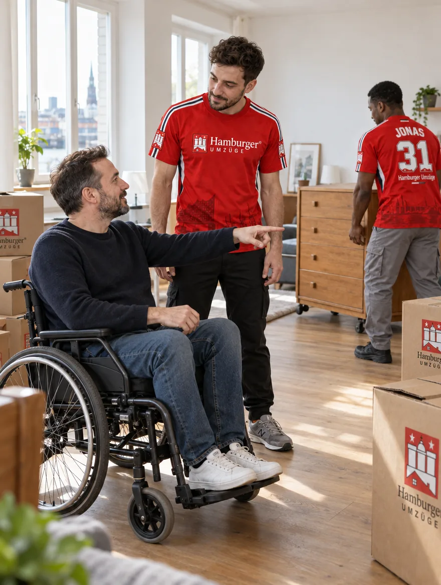 Kunde im Rollstuhl stimmt seinen Umzug mit dem Team von Hamburger Umzüge ab