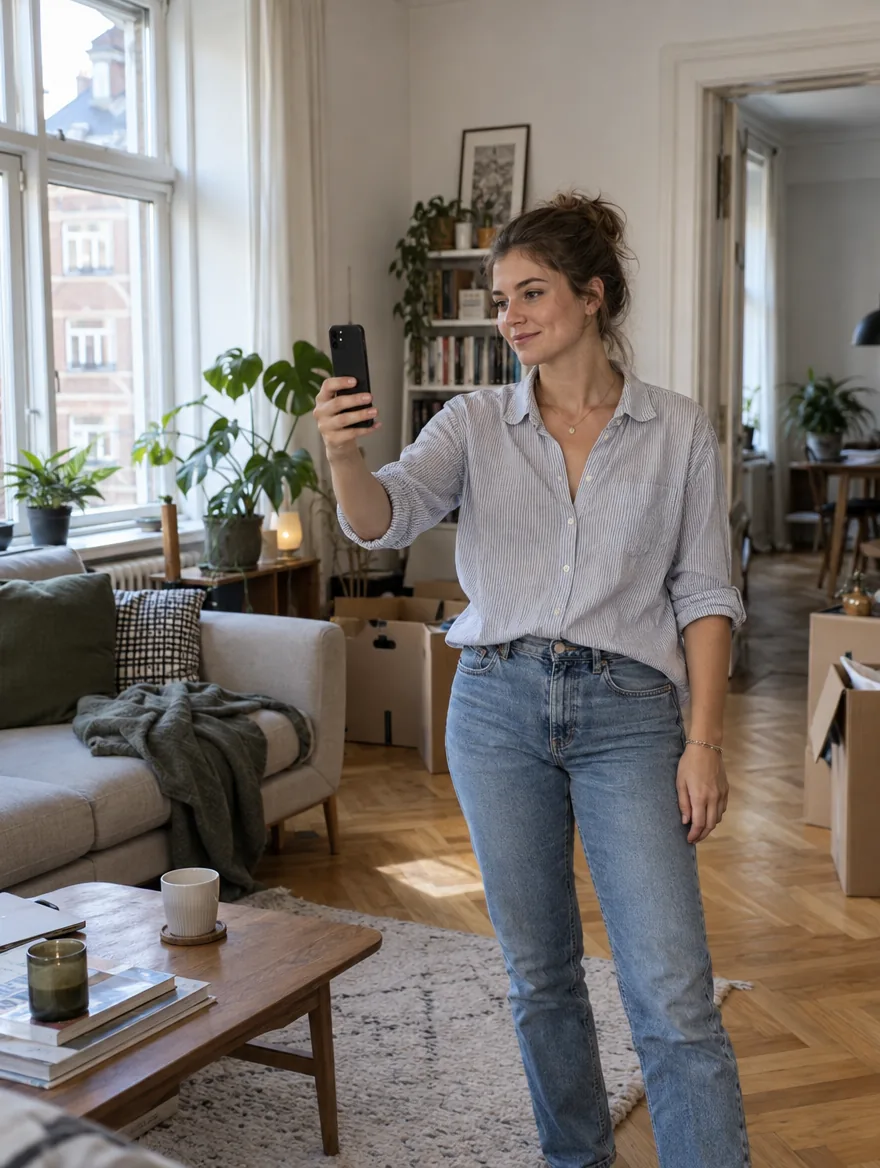 Kundin fotografiert ihre Wohnung mit Umzugskartons für die digitale Besichtigung über moovai von Hamburger Umzüge