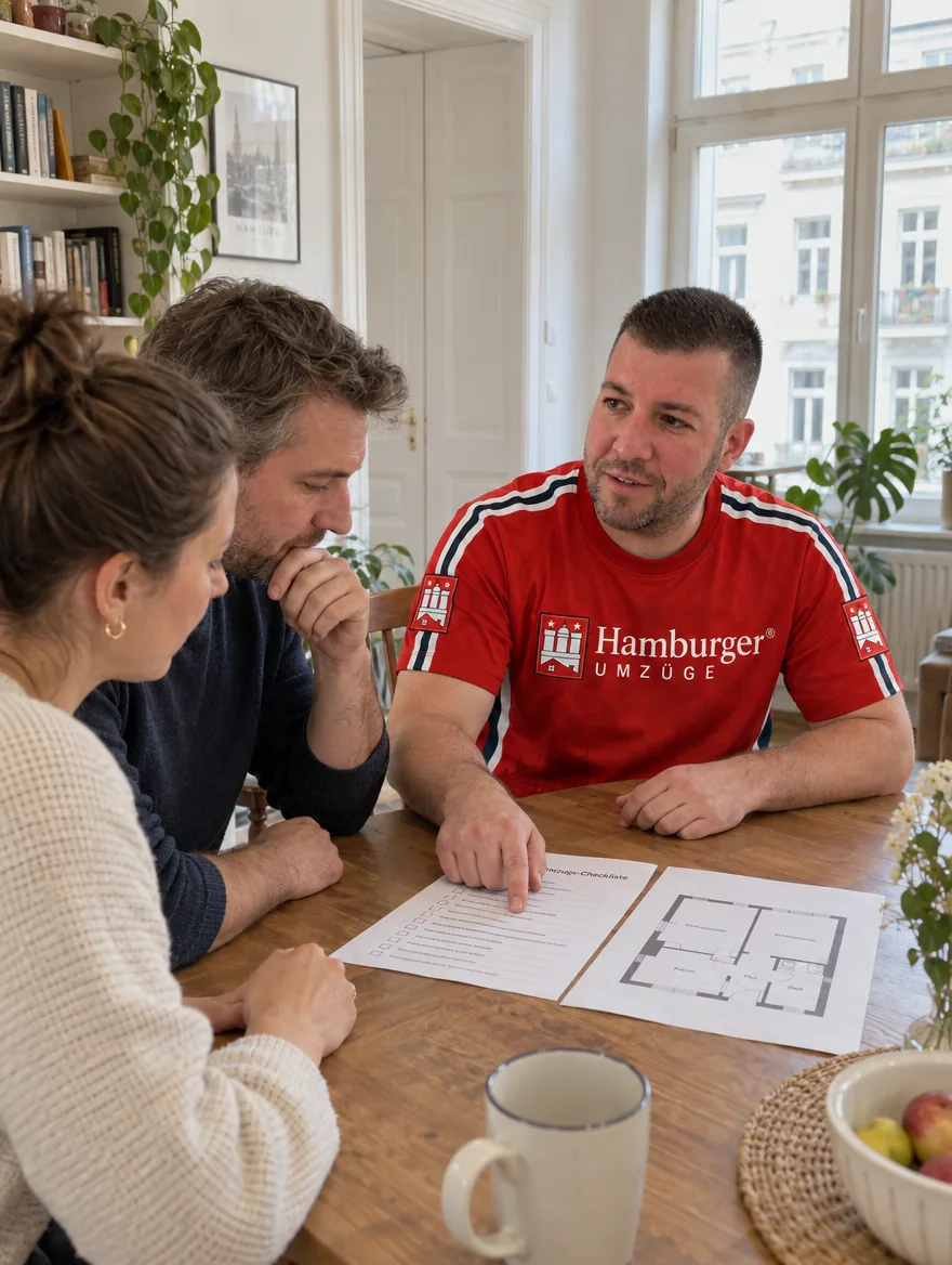 Marcel Lewinski stimmt mit einem Paar die Einzelheiten des Umzugs am Tisch ab