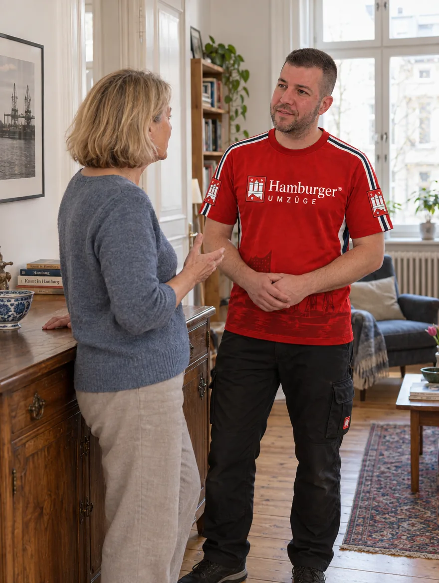 Marcel Lewinski bespricht bei einer Besichtigung vor Ort den Umzug mit einer Kundin