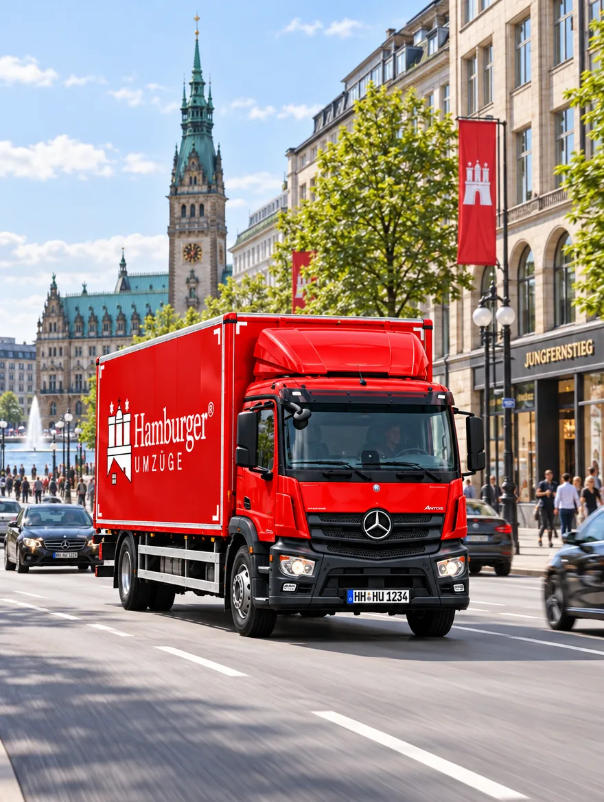 Roter Umzugslkw von Hamburger Umzüge auf der Strecke durch die Hamburger Innenstadt am Jungfernstieg