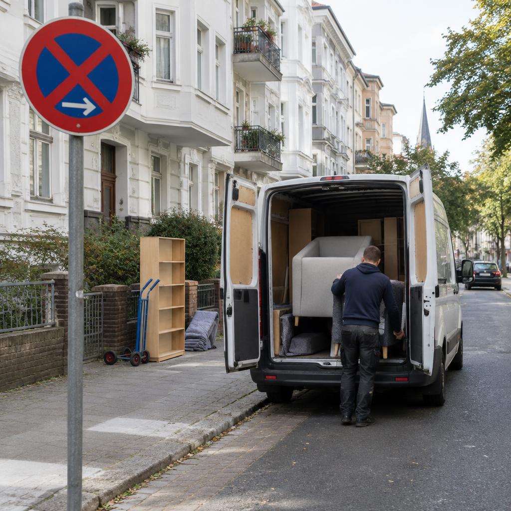 Halteverbotszeichen neben einem Umzugswagen