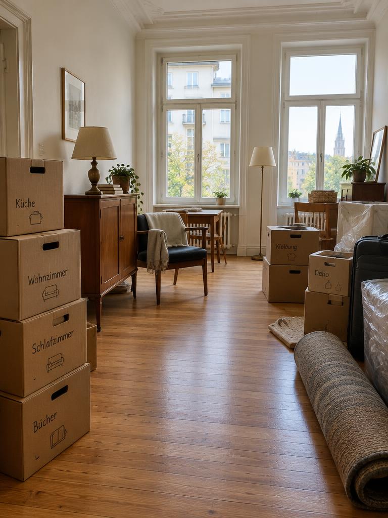 Aufgelöster Haushalt mit sortierten Umzugskartons